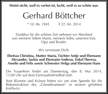 Traueranzeige von Gerhard Böttcher von Mitteldeutsche Zeitung Halle/Saalkreis