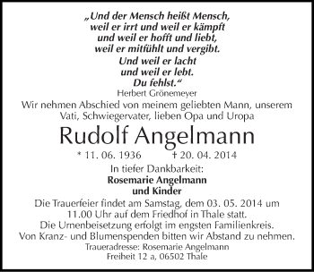 Traueranzeige von Rudolf Angelmann von Mitteldeutsche Zeitung Quedlinburg