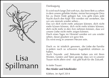 Traueranzeige von Lisa Spillmann von Mitteldeutsche Zeitung Köthen