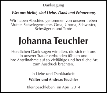 Traueranzeige von Johanna Teuchler von Mitteldeutsche Zeitung Köthen