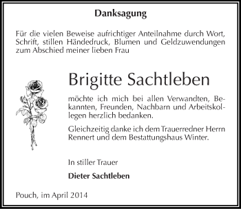 Traueranzeige von Brigitte Sachtleben von Mitteldeutsche Zeitung Bitterfeld