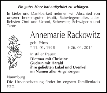 Traueranzeige von Annemarie Rackowitz von Mitteldeutsche Zeitung Naumburg/Nebra