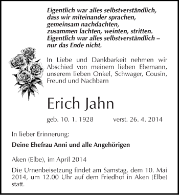 Traueranzeige von Erich Jahn von Mitteldeutsche Zeitung Köthen