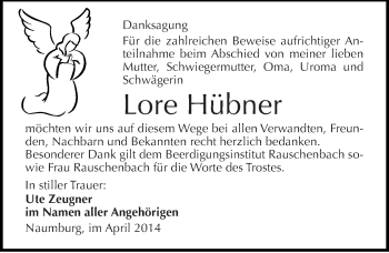 Traueranzeige von Lore Hübner von Mitteldeutsche Zeitung Naumburg/Nebra