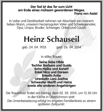 Traueranzeige von Heinz Schauseil von Mitteldeutsche Zeitung Merseburg/Querfurt