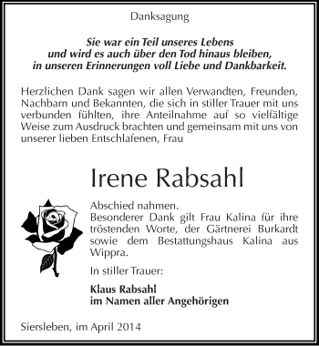 Traueranzeige von Irene Rabsahl von Mitteldeutsche Zeitung Mansfelder Land