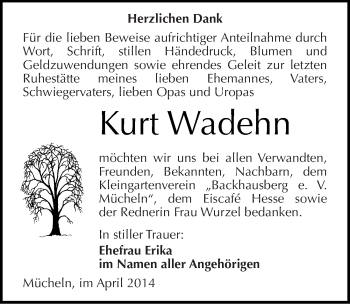 Traueranzeige von Kurt Wadehn von Mitteldeutsche Zeitung Merseburg/Querfurt
