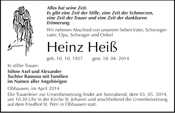Traueranzeige von Heinz Heiß von Mitteldeutsche Zeitung Merseburg/Querfurt