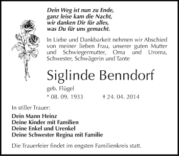 Traueranzeige von Siglinde Benndorf von Mitteldeutsche Zeitung Naumburg/Nebra