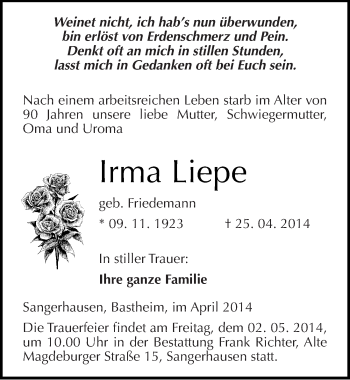 Traueranzeige von Irma Liepe von Mitteldeutsche Zeitung Sangerhausen