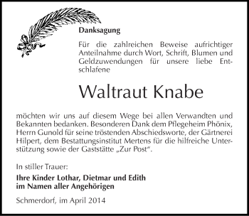 Traueranzeige von Waltraut Knabe von Mitteldeutsche Zeitung Naumburg/Nebra