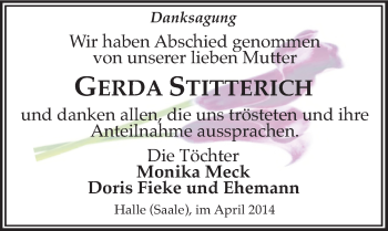 Traueranzeige von Gerda Stitterich von Mitteldeutsche Zeitung Halle/Saalkreis
