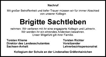Traueranzeige von Brigitte Sachtleben von Mitteldeutsche Zeitung Wittenberg