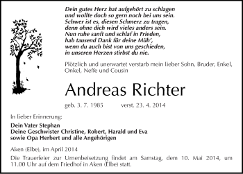 Traueranzeige von Andreas Richter von Mitteldeutsche Zeitung Köthen