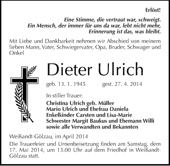 Traueranzeige von Dieter Ulrich von Mitteldeutsche Zeitung Köthen
