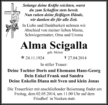 Traueranzeige von Alma Scigalla von Mitteldeutsche Zeitung Dessau-Roßlau
