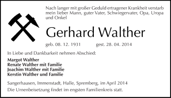 Traueranzeige von Gerhard Walther von Mitteldeutsche Zeitung Sangerhausen