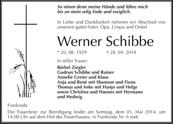 Traueranzeige von Werner Schibbe von Mitteldeutsche Zeitung Naumburg/Nebra