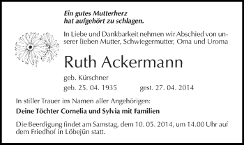 Traueranzeige von Ruth Ackermann von Mitteldeutsche Zeitung Halle/Saalkreis