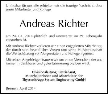 Traueranzeige von Andreas Richter von Mitteldeutsche Zeitung Köthen