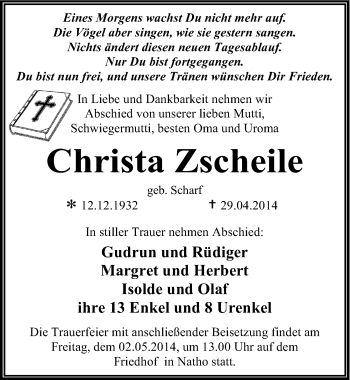 Traueranzeige von Christa Zscheile von Mitteldeutsche Zeitung Dessau-Roßlau