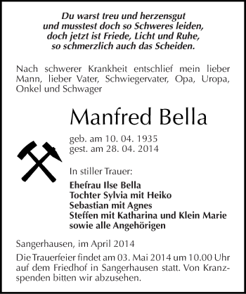 Traueranzeige von Manfred Bella von Mitteldeutsche Zeitung