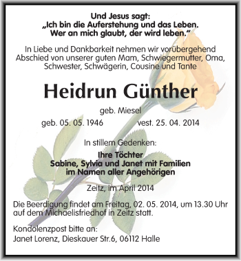 Traueranzeige von Heidrun Günther von Mitteldeutsche Zeitung Zeitz