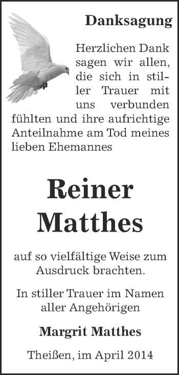 Traueranzeige von Reiner Matthes von Super Sonntag Zeitz