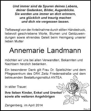 Traueranzeige von Annemarie Landmann von Super Sonntag Zeitz