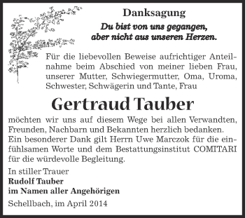 Traueranzeige von Gertraud Tauber von Super Sonntag Zeitz