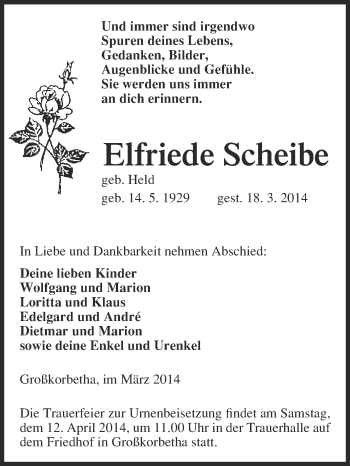Traueranzeige von Elfriede Scheibe von Super Sonntag Merseburg
