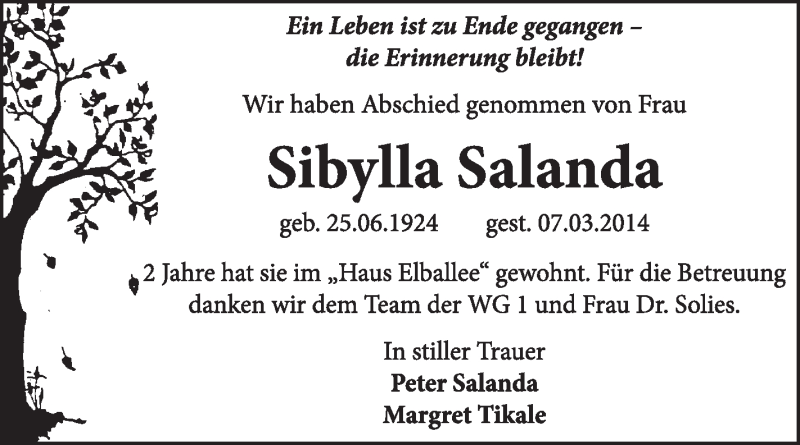  Traueranzeige für Sibylla Salanda vom 02.04.2014 aus Super Sonntag Dessau / Köthen