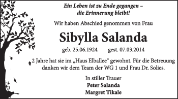 Traueranzeige von Sibylla Salanda von Super Sonntag Dessau / Köthen