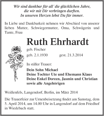 Traueranzeige von Ruth Ehrhardt von Super Sonntag Merseburg