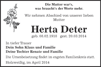 Traueranzeige von Herta Deter von WVG - Wochenspiegel Bitterfeld