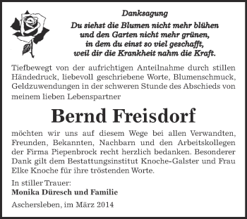 Traueranzeige von Bernd Freisdorf von WVG - Wochenspiegel Aschersleben
