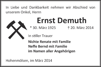Traueranzeige von Ernst Demuth von WVG - Wochenspiegel NMB / WSF / ZTZ