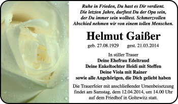 Traueranzeige von Helmut Gaißer von Super Sonntag Wittenberg