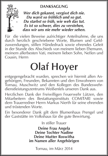 Traueranzeige von Olaf Hoyer von WVG - Wochenspiegel NMB / WSF / ZTZ