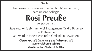 Traueranzeige von Rosi Preuße von WVG - Wochenspiegel Aschersleben