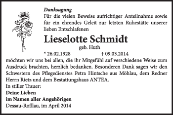Traueranzeige von Lieselotte Schmidt von Super Sonntag Dessau / Köthen