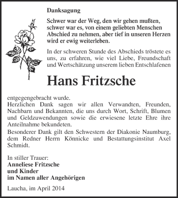 Traueranzeige von Hans Fritzsche von WVG - Wochenspiegel NMB / WSF / ZTZ