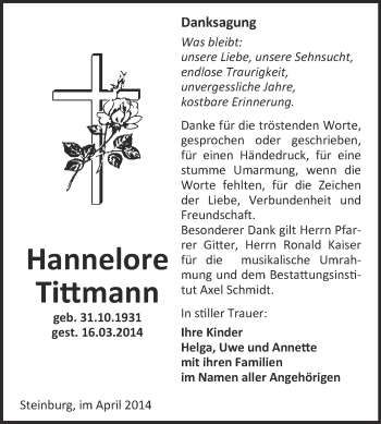 Traueranzeige von Hannelore Tittmann von WVG - Wochenspiegel NMB / WSF / ZTZ