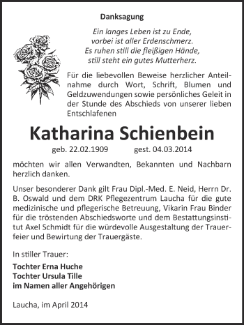 Traueranzeige von Katharina Schienbein von WVG - Wochenspiegel NMB / WSF / ZTZ