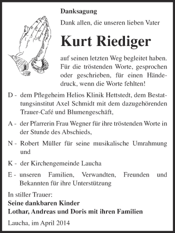 Traueranzeige von Kurt Riediger von WVG - Wochenspiegel NMB / WSF / ZTZ