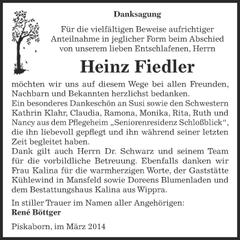 Traueranzeige von Heinz Fiedler von Wochenspiegel Mansfelder Land