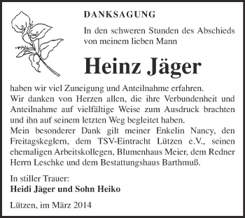 Traueranzeige von Heinz Jäger von WVG - Wochenspiegel Merseburg