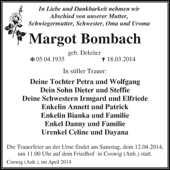 Traueranzeige von Margot Bombach von WVG - Wochenspiegel Dessau / Köthen