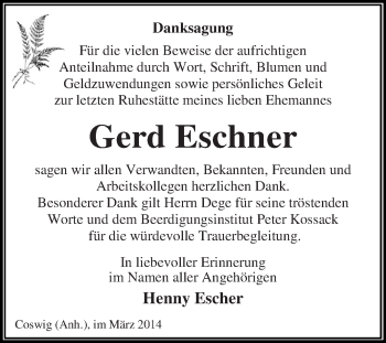 Traueranzeige von Gerd Eschner von WVG - Wochenspiegel Dessau / Köthen