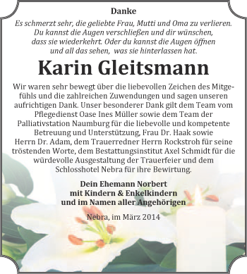 Traueranzeige von Karin Gleitsmann von WVG - Wochenspiegel NMB / WSF / ZTZ